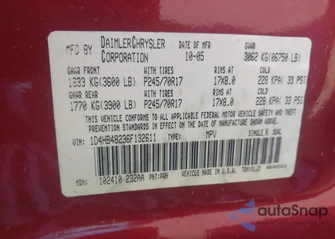 2006 Dodge Durango Slt from USA, damaged, VIN 1D4HB48236F132611